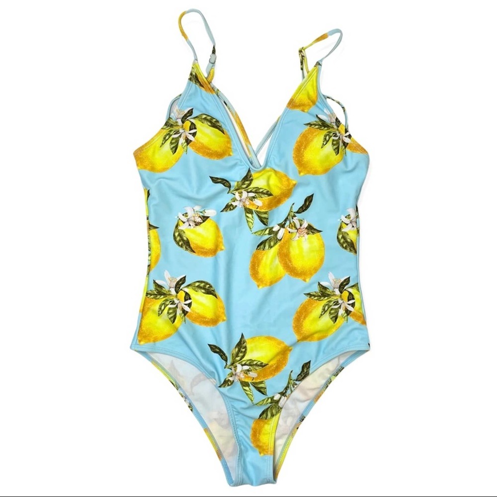 Lemon Print One-Piece Swimsuit Small Like New Blue Yellow Green